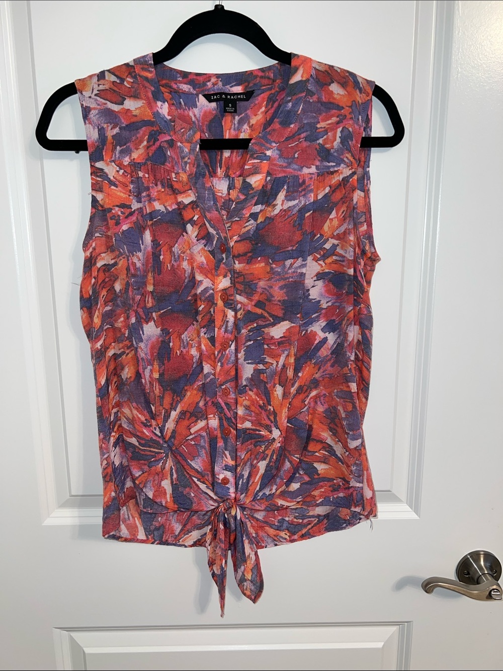 Zac & Rachel Tie-Front Sleeveless Blouse - Orange & Purple Abstract